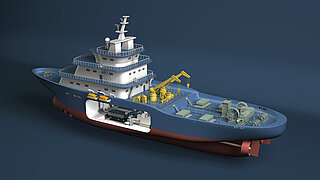CAD sectional view of a ship with hydraulic system application examples