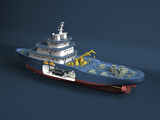 CAD sectional view of a ship with hydraulic system application examples
